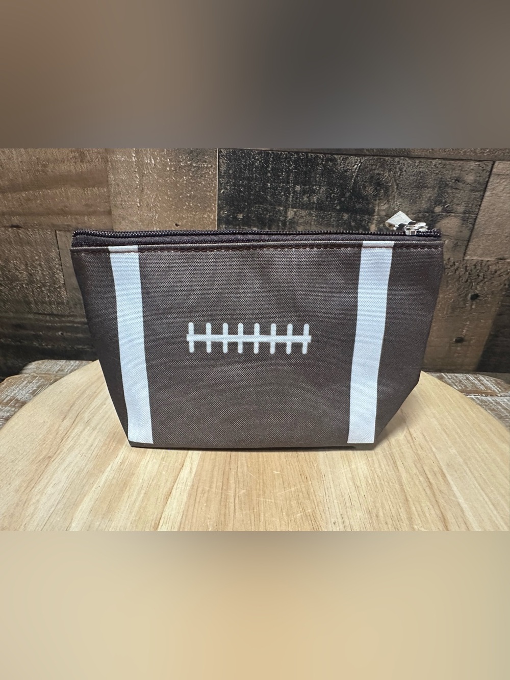 Mini Momo Football Cosmetic Makeup Bag Brown White Zip Pouch Travel Case